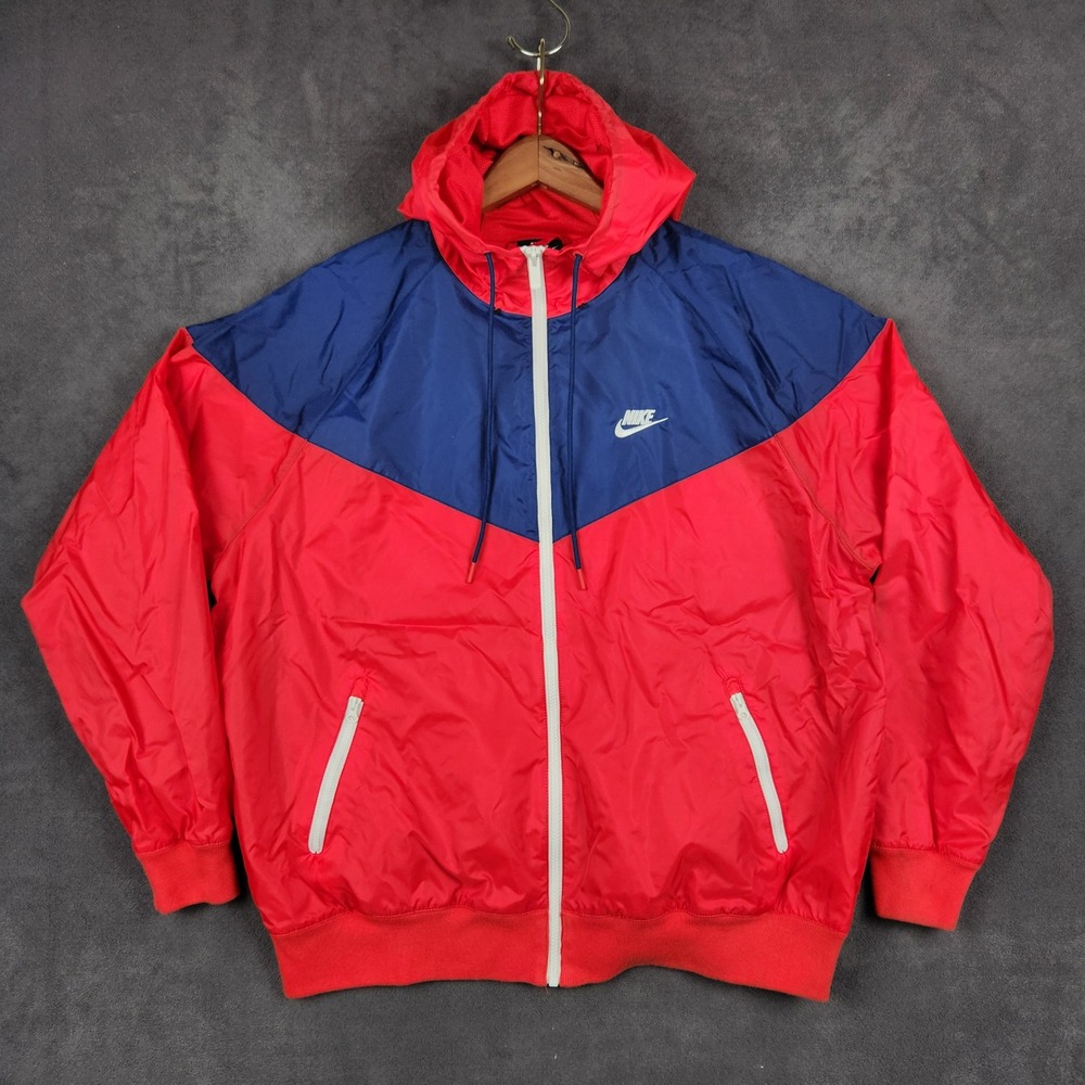 Nike Windrunner Jacket Mens Large Red Blue Full‎ Zip Hooded Lined AR2191 657
